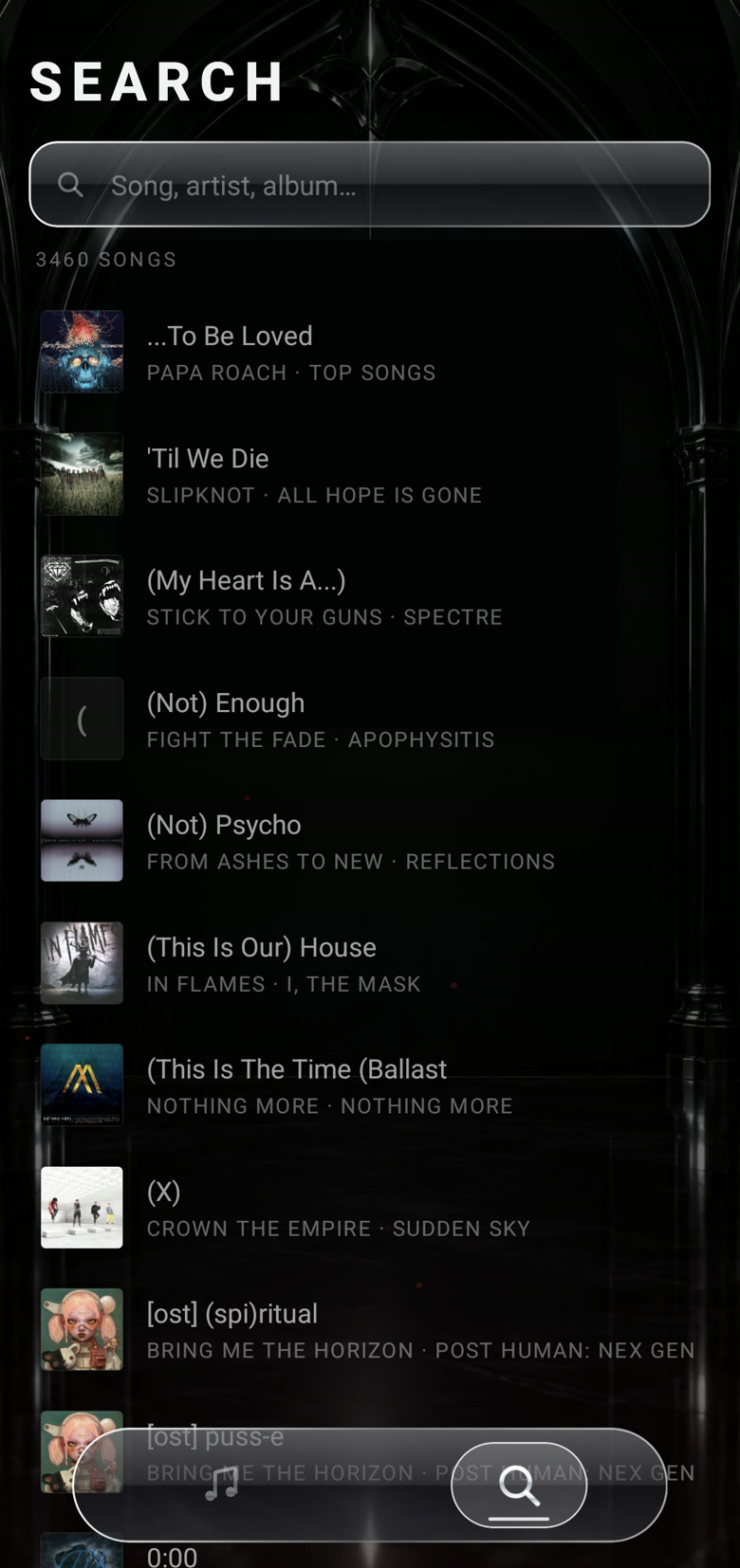Music Player search screen: a search field over the song library, each song with its album art.