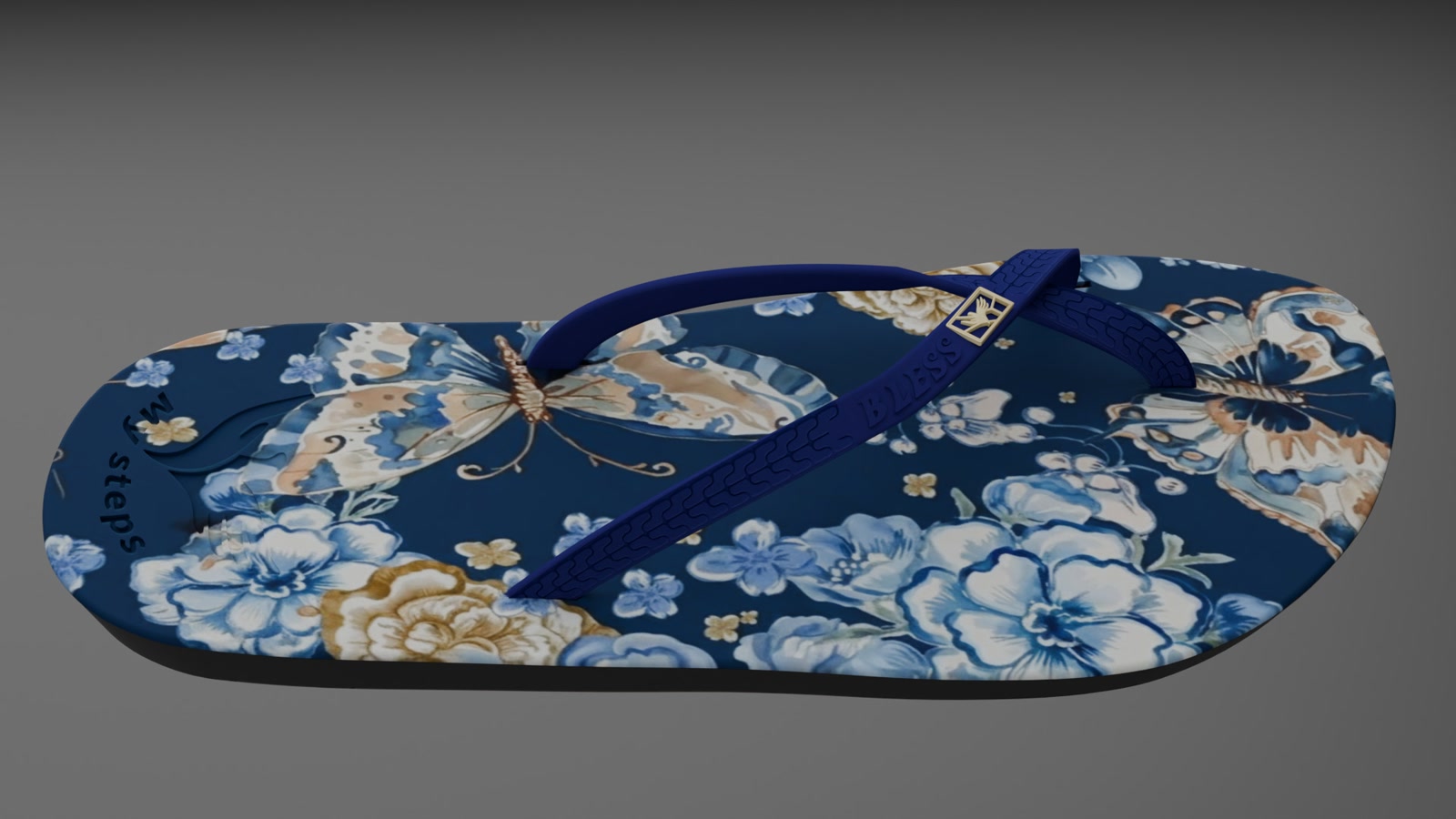 Product render of the finished flip flop, three-quarter view.