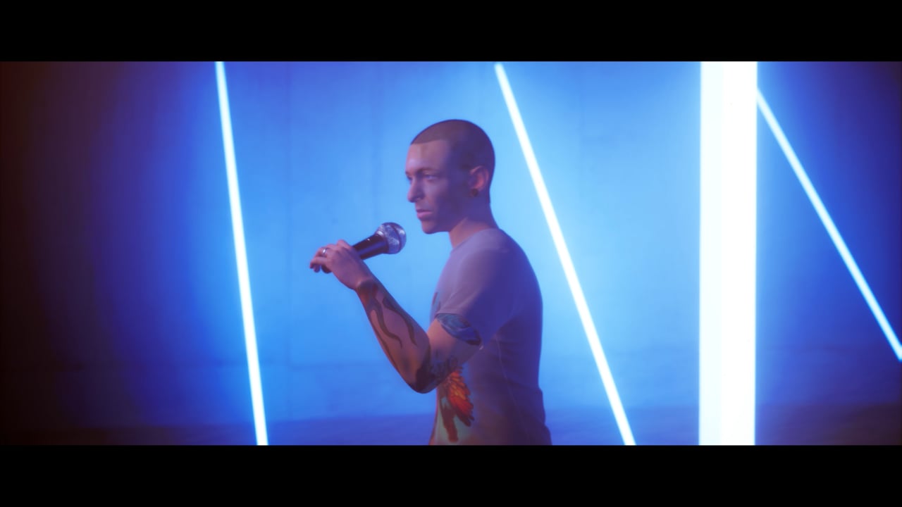 A frame from the Chester Bennington tribute film, the 3D model mid-performance.