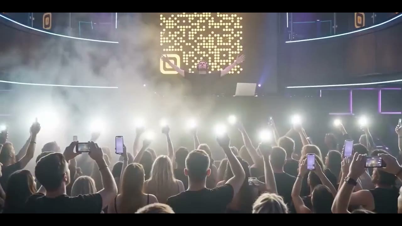 A crowd at a live show holding up phones, their flashlights firing together in time with the music.