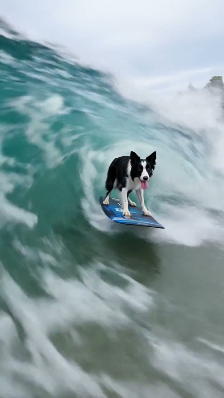 A border collie riding inside a breaking wave on a bodyboard.