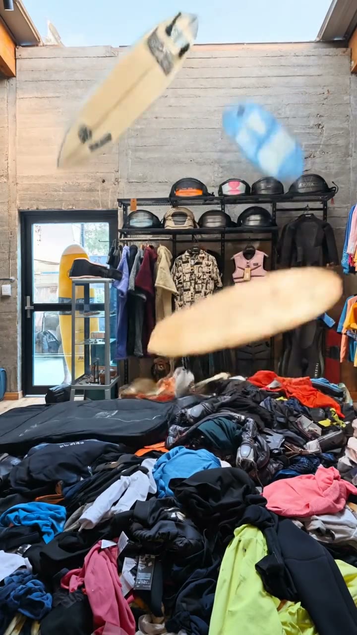 The Kite Lab shop mid-earthquake, boards airborne and stock strewn across the floor.