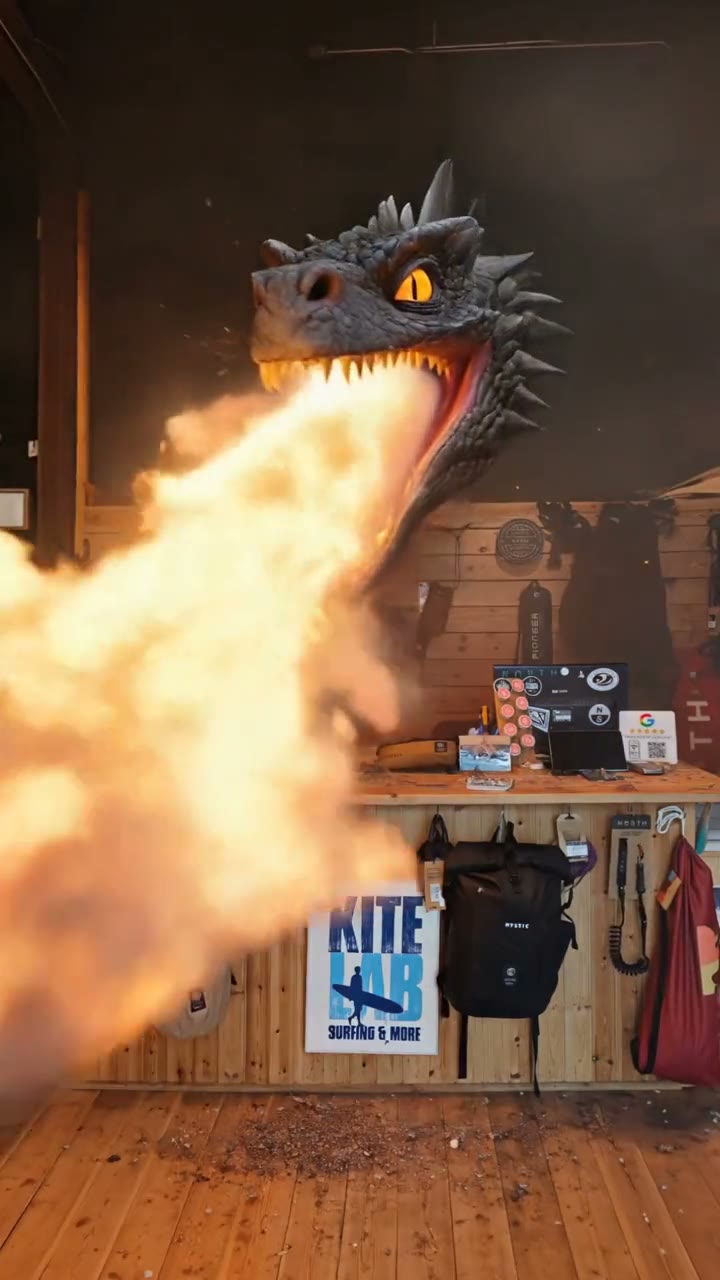 A dragon breaking through the shop wall and breathing fire across the counter.