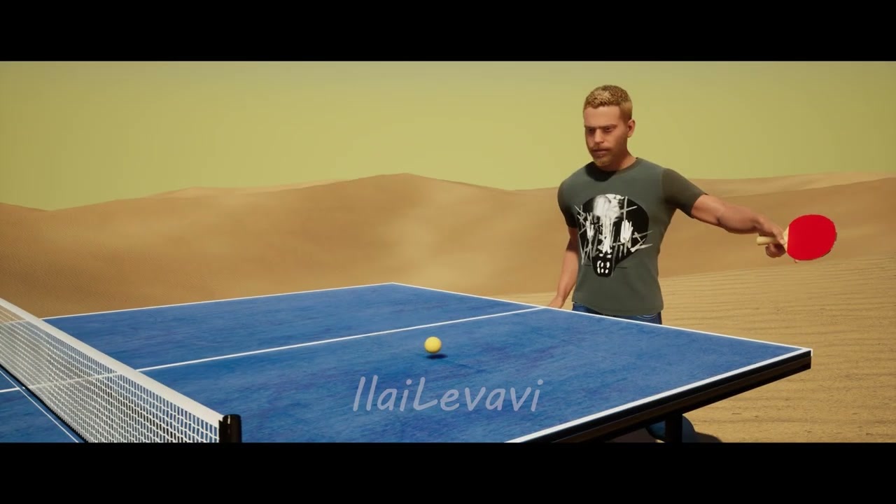 A frame from Ping Pong: World of Imagination, the table dissolving into a dreamlike world.