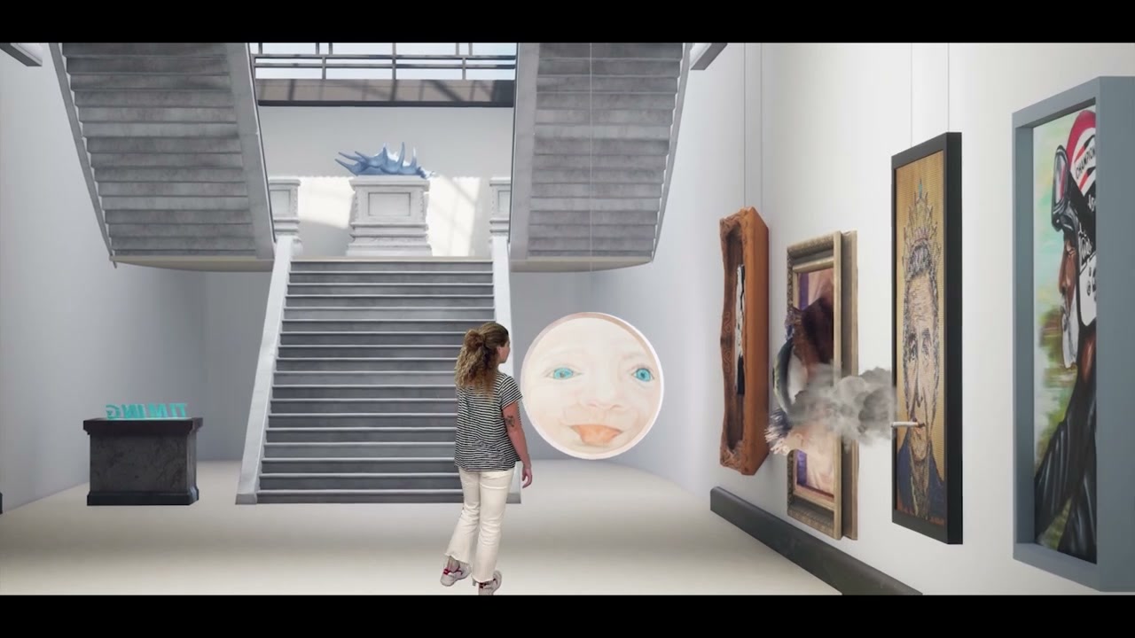 A hall inside the Startup Gallery virtual museum, artwork hung along both walls.