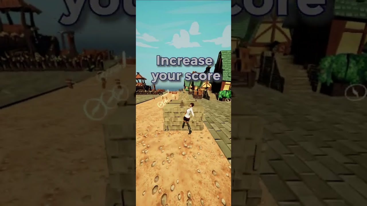 Gameplay from The Town Jumper: a character running through a stylised city street.