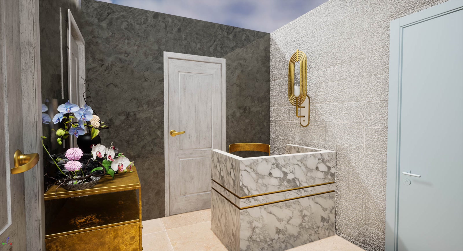Render of the preparation room: marble basin, gold cabinet and orchids.