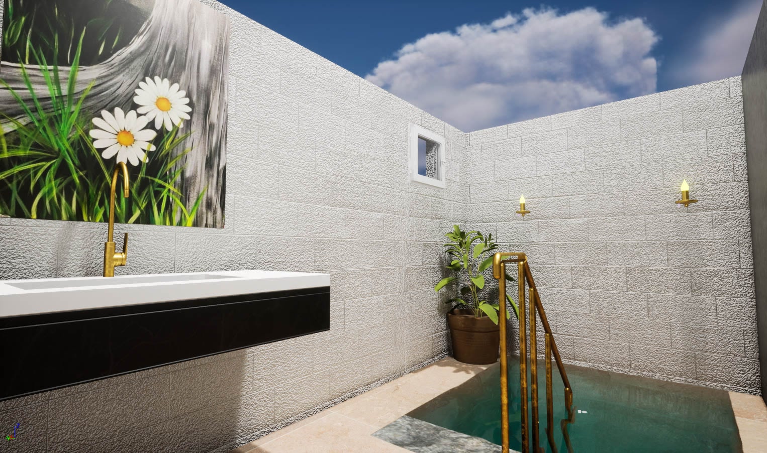 Render looking through the doorway toward the immersion pool.