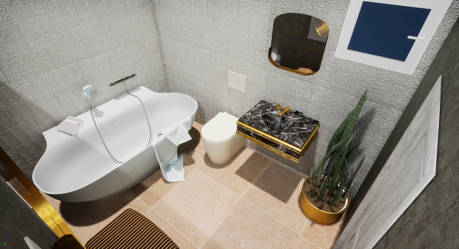 Render of the mikveh interior showing tiling and wall detail.