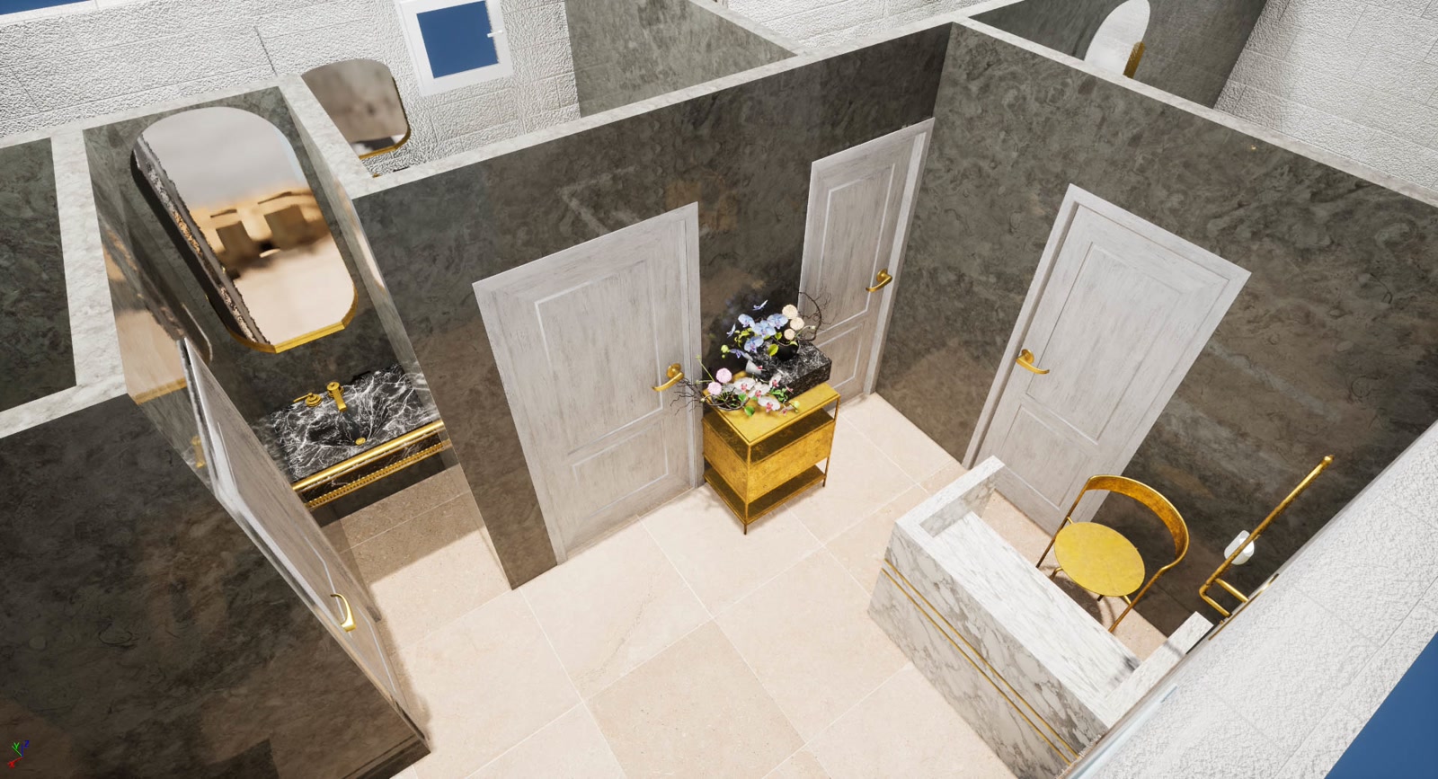 Wide render of the finished mikveh space under its final lighting.